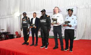 Sports CS Ababu Namwamba, Deputy President Rigathi Gachagua among other leaders during the opening of the Talanta Motorsport Academy at the Kenya Academy of Sports at Kasarani Stadium