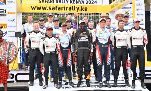 President Ruto poses for a photo with some rally drivers during the flagging off ceremony of the 2024 World Rally Championship (WRC) Safari Rally at the Kenyatta International Conference Centre (KICC). 