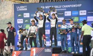 Winners of the World Rally Championship, Safari Rally 2024 lifting their trophies during the closing ceremony at Hell's Gate in Naivasha